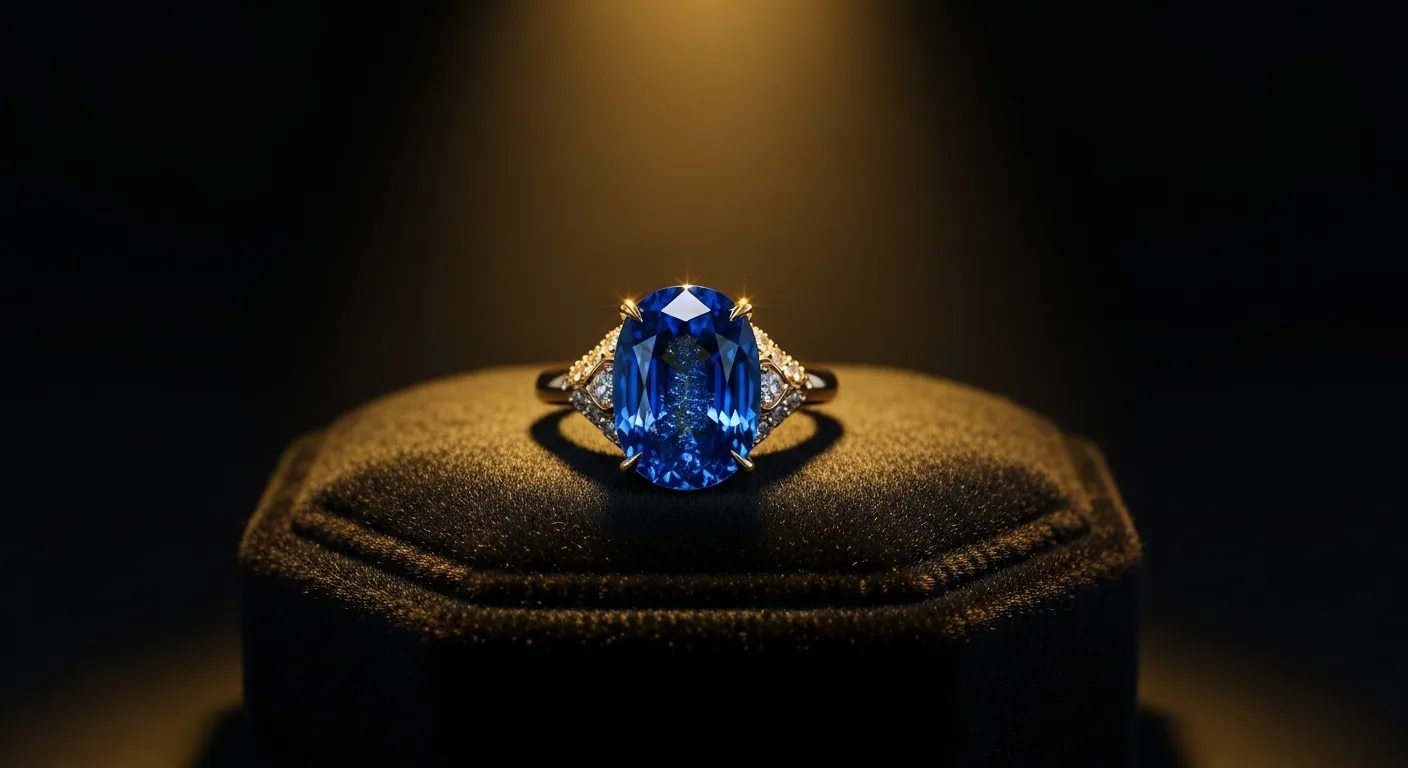 Bague en saphir bleu sur présentoir de bijouterie