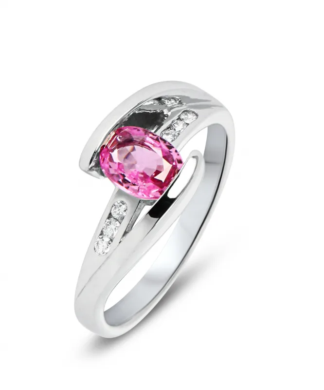 Bague Saphir Rose Ovale et Diamant en Or Blanc 750 pour femme - Bijoux Trabbia Vuillermoz