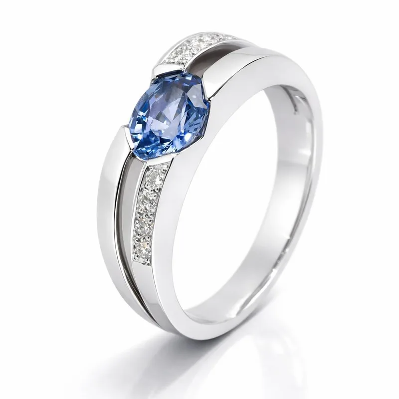 Bague Saphir Bleu de Ceylan Ovale 7x5mm et Diamants en Or Blanc 750 pour femme - Bijoux Trabbia Vuillermoz